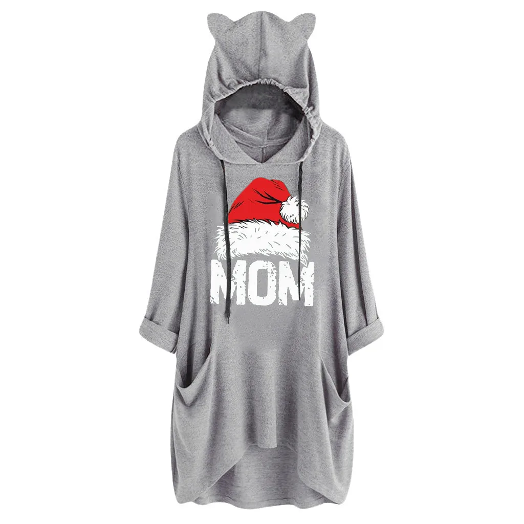 Women Hoodies Casual Long Sleeves Long Hoodie Cat Ear Print Sweatshirt Dress Pocket Irregular sweat femme Mom Hat Kawaii Hoodie