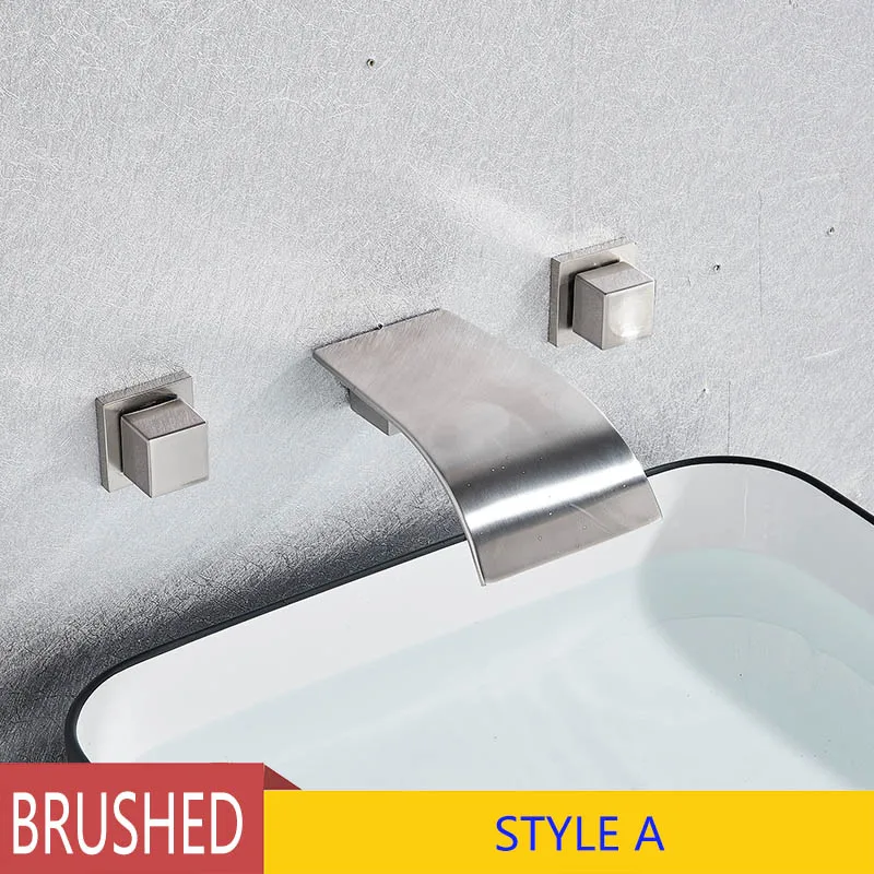Brushed nickel A Черный Бронзовый Водопад кран матовый настенный умывальник кран двойные ручки горячая холодная вода раковина смеситель кран - Цвет: Brushed nickel A