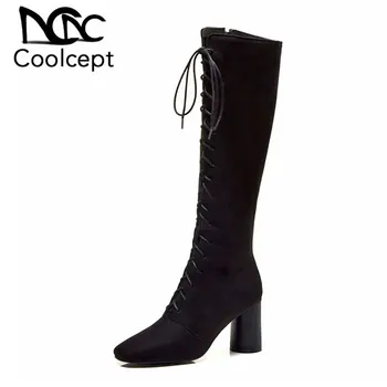 

CoolCept Women Knee High Boots Solid Color Black Boots Cross Strap Zipper High Heel Shoes Woman Winter Footwear Plus Size 32-48