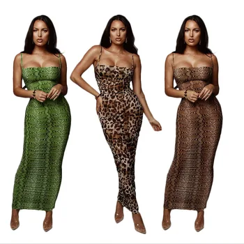 

Summer Women Dresses Tight Fitting Sleeveless Sexy Slash Collar Sling Skinny Dress Leopard Snakeskin Pattern Bodycon Dress