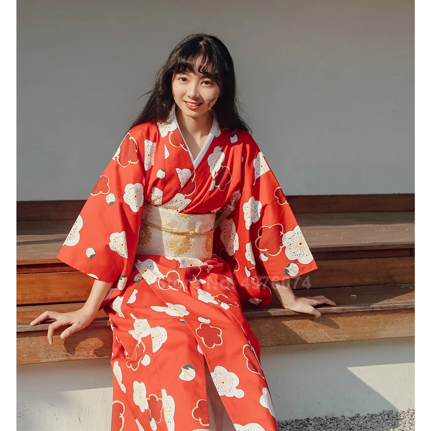 Harajuku Oriental Japanese Style Sleepwear for Women Girls Red Floral Kimono Yukata Long Robe Loose Sexy Pajamas Homewear