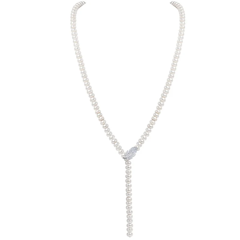 AAAA, высокое качество, 7-8 мм, длинное ожерелье из натурального пресноводного жемчуга для женщин, подарок на день рождения, 925 пробы в виде листьев, серебряная застежка, ювелирное изделие - Цвет камня: Белый