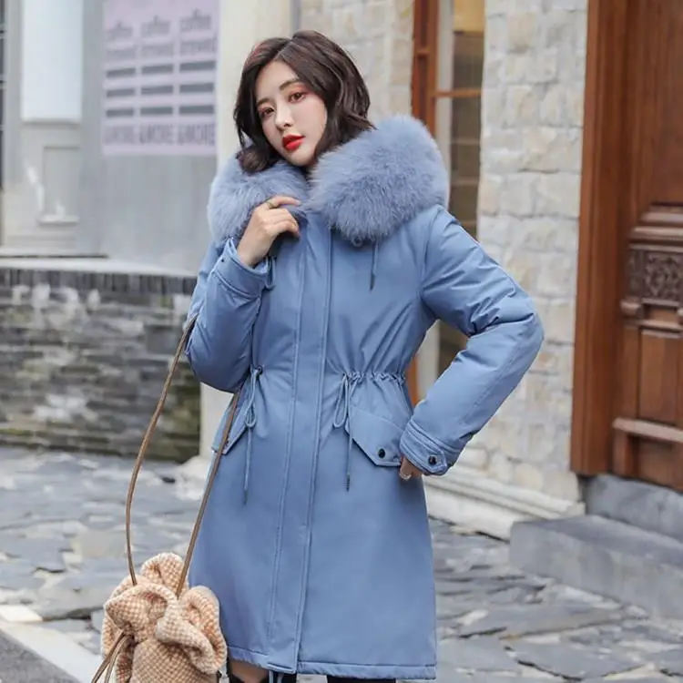 #*Cheap Women Korean Style Solid Coat Jacket Casual Female Thicken Fur Collar Long Parkas Pockets Adjustable Waist Warm Overcoats