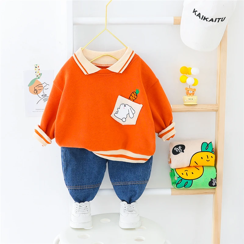 HYLKIDHUOSE/ г. Весенние комплекты одежды для девочек и мальчиков; Милая футболка с длинными рукавами и рисунком для малышей; джинсы; повседневные комплекты одежды для малышей
