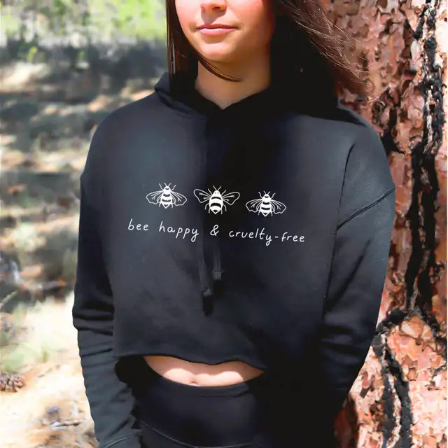 Bee Happy And Cruelty Free Long Sleeve Hooded Crop-Top