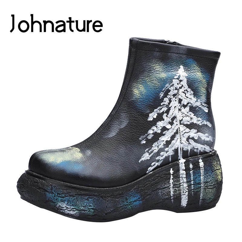 Johnature ботинки на платформе с ручной росписью; женская обувь из натуральной кожи; Новинка года; Зимние ботильоны ручной работы на танкетке с круглым носком на молнии