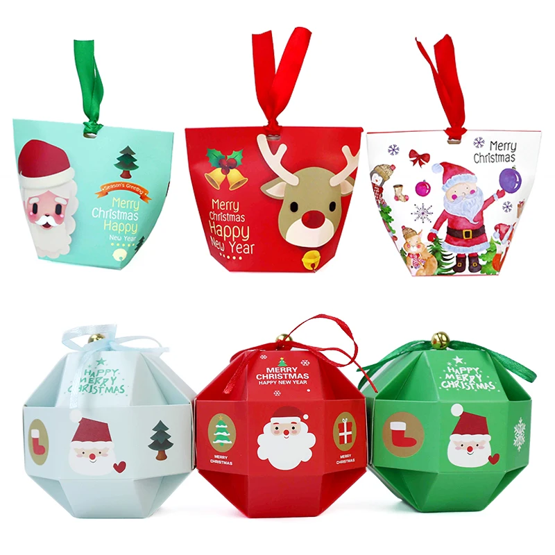 5pcs Multiple Styles Christmas Gifts Boxes Santa Claus Elk Candy Box Bags With Handle For New Year Xmas Party Home Decor Navidad