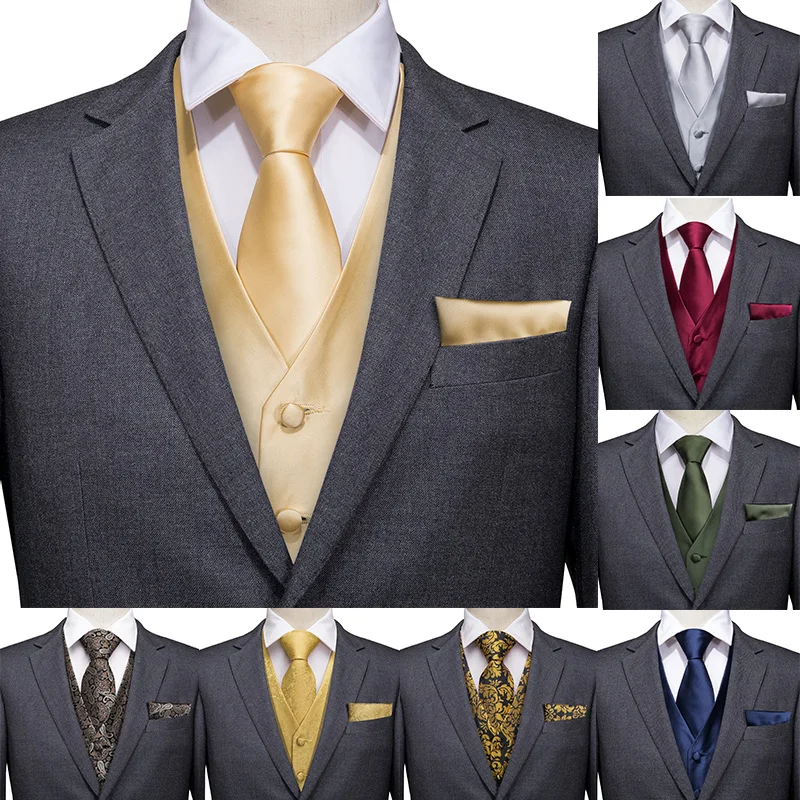 Hi-Tie Men's Vest Suit With Hanky Cufflinks Wedding Stage Show Vest For Men Gold Shiny Sequins Waistcoat Yellow  Classic Vests