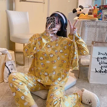 

2020 Spring and Autumn pajamas three-piece comfortable cartoon print long sleeve home service O-neck T-shirt + pants