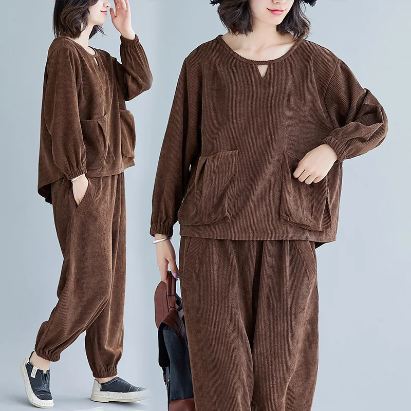 

2019 Autumn Corduroy Loose And Plus-sized Cover Meat Solid Color Western Style by Age Slimming Leisure Suit