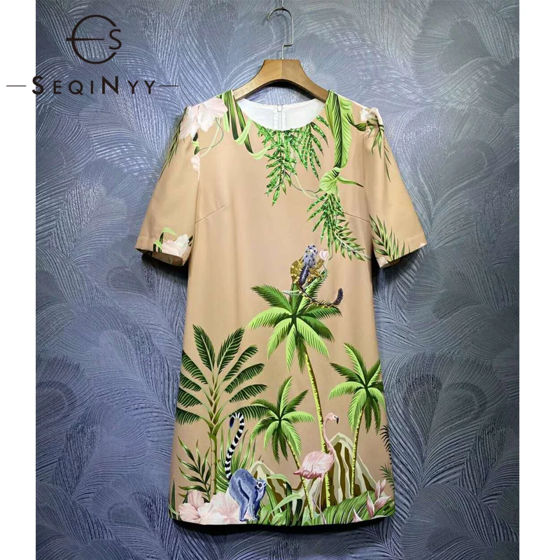 

SEQINYY Beige Mini Dress 2020 Summer Spring New Fashion Design Women Short Sleeve Animals Leaf Print Runway