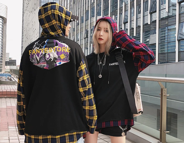 AELFRIC Лоскутная Клетчатая Мужская рубашка с капюшоном 2019 Harajuku Хип Хоп пуловер модная повседневная хлопковая негабаритная уличная одежда с