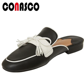

CONASCO Summer Fashion Concise Casual Women Sandals Slippers Mules Genuine Leather Butterfly-Knot Fringe Low Heels Shoes Woman