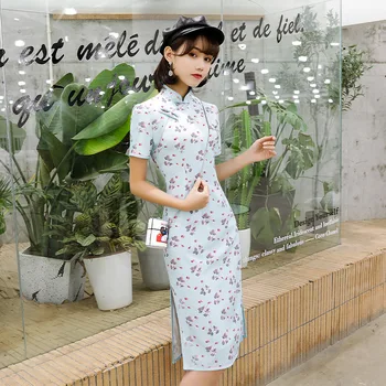 

Chinese Style Women Cheongsam Summer Rayon Satin Daily Dress Printed Vintage Handmade Button Stage Show Qipao Plus Size M-4XL