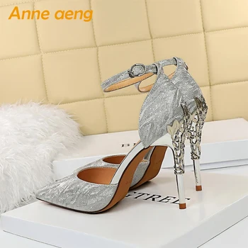 

2020 New Summer Women Sandals High Thin Heel Pointed Toe Bling Bridal Wedding Women Shoes Silver Sexy Ladies High Metal Heels