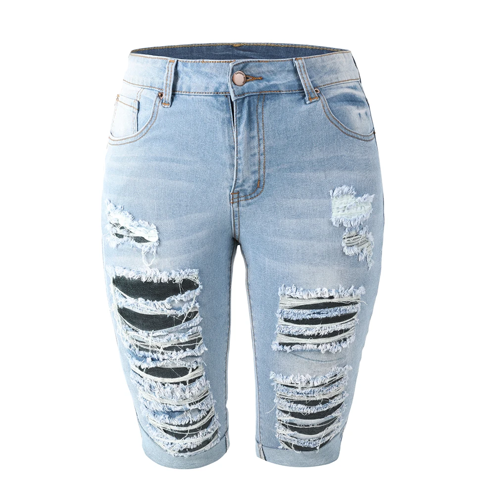 Denim Bermuda Shorts Women Ripped Cuffs 