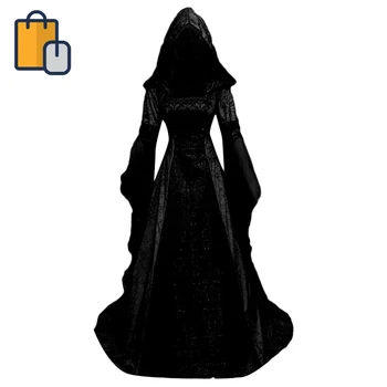 

New Women's Fashion Long Sleeve Hooded Medieval Dress Floor Length Cosplay Dress Robe Femme Maxi Dresses