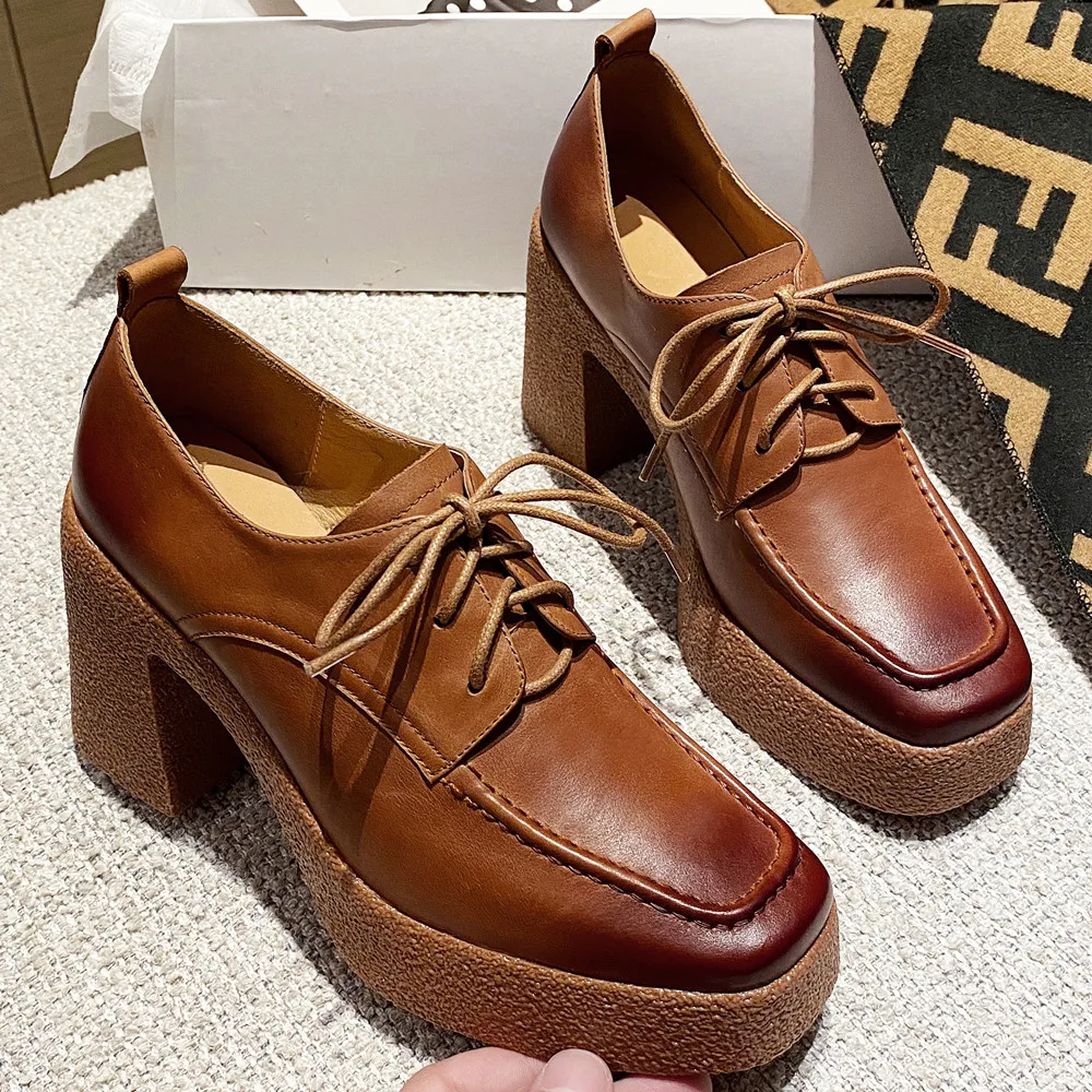 

Женские туфли из натуральной кожи на толстом высоком каблуке с квадратным носком на шнуровке в стиле ретро градиентные цвета на платформе в офисном стиле женские удобные туфли