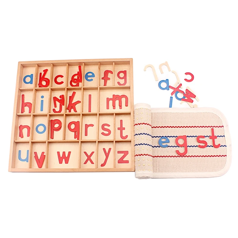 Montessori jazyk hraček anglický abeceda flauš dřevěný posuvný abeceda červený & modrá s rohož 26pcs alphabets hraček pro děti