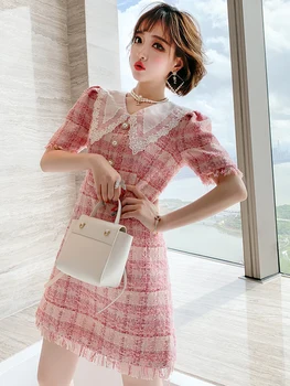 

Fashion perspective yarn lace lapel plaid tweed fringed waist dress women's dress 2020 early autumn new