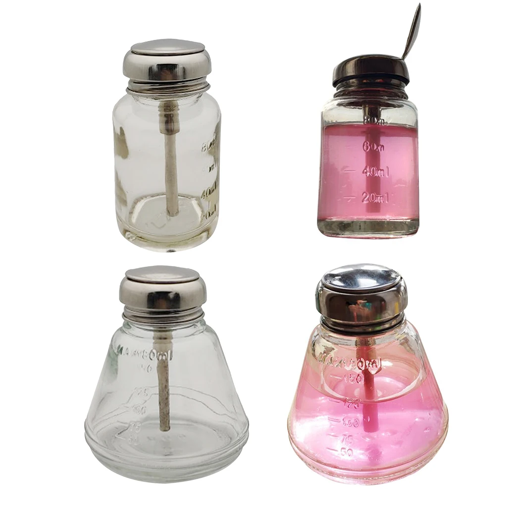 2Pcs 80ml & 180ml Glass Push Down Empty Press Bottle Alcohol Acetone Pump Dispenser Vials for Nail Polish and Makeup Remover 
