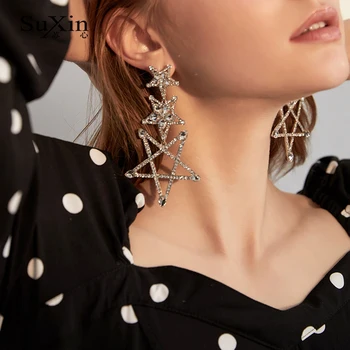 

SuXin earrings new simple multi-layer five-pointed star earrings for women long artificial crystal pendant earrings jewelry gift