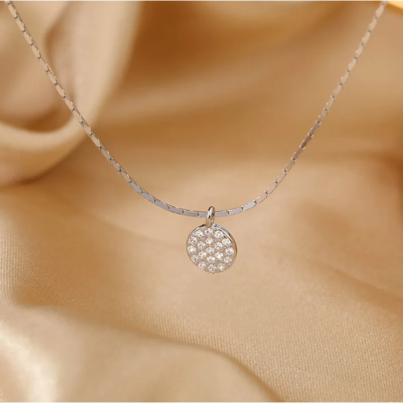 New 925 Sterling Silver Full Zircon Disc Choker Necklace Shiny Round Pendant Snake Chain Wedding Gift For Women Fine Jewelry - Image 6