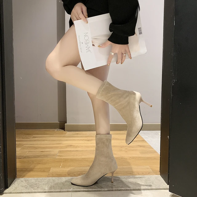 Botas de gamuza Beige negro fino tacón alto botines de mujer 2019 invierno  puntiagudos elegantes botines cortos señoras - AliExpress