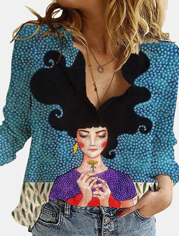 Blusa informal de manga larga para primavera y otoño, camisa holgada con estampado de letras y retrato Digital 3D para mujer, 2021