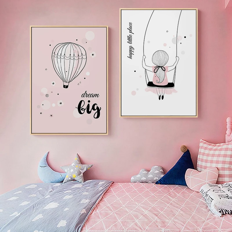 Nursery-Cartoon-Posters-Litter-Pink-Girl-Swing-Balloon-Canvas-Painting-For-Kid-s-Room-Wall-Decor (1)