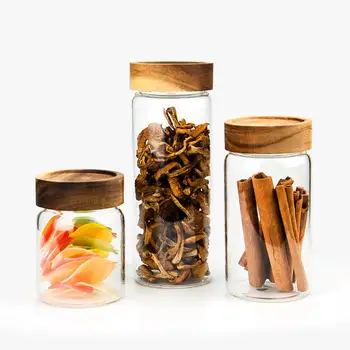 

300/550/750ML Glass Dried Fruit Nut Food Container Storage Honey Pots With Wooden Cover