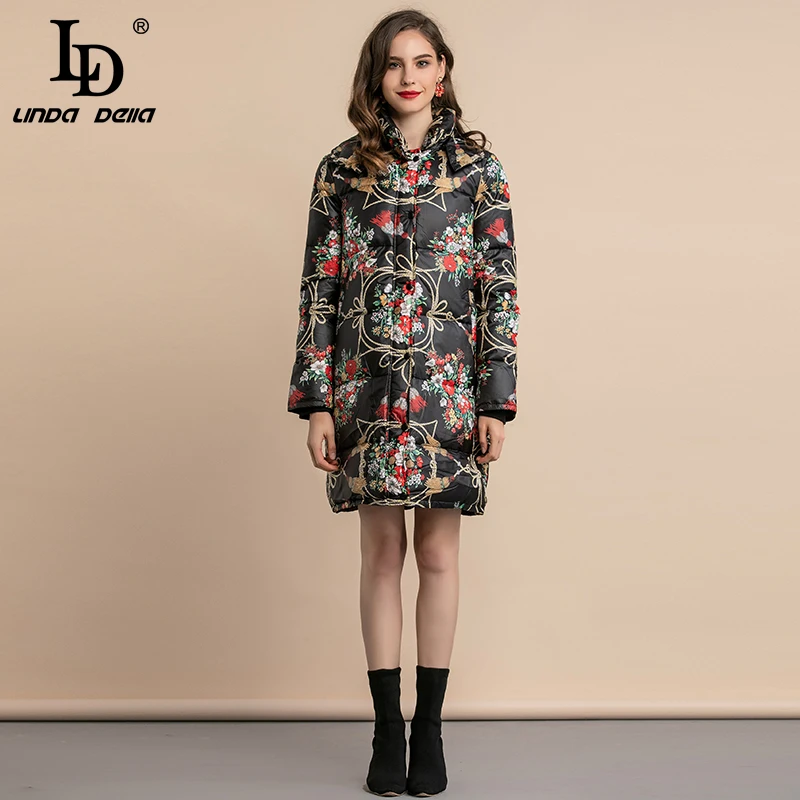 LD LINDA Делла, зимняя теплая утолщенная куртка-пуховик на белом утином пуху, винтажное длинное женское пальто с цветочным принтом, пальто с капюшоном, верхняя одежда