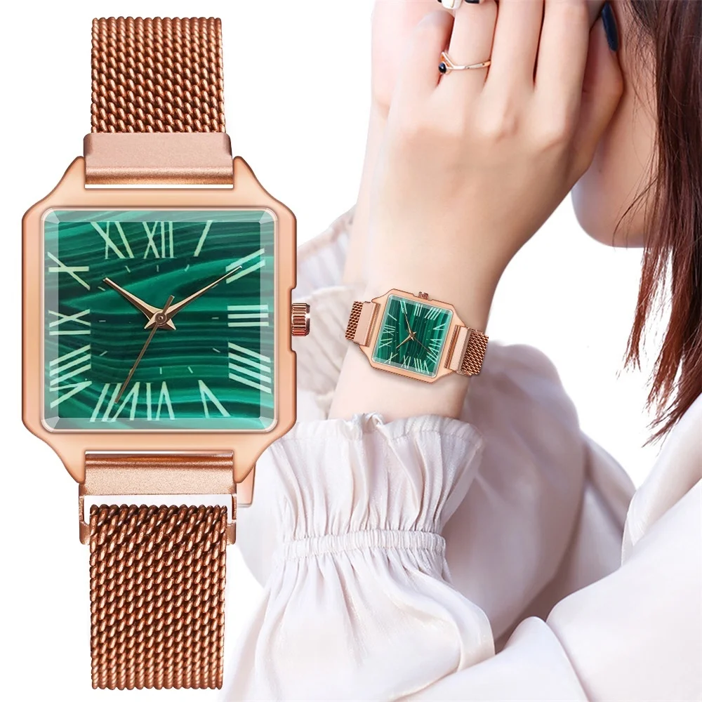 

Fashion Women Green Watch Magnet Clasp Square Quartz Wristwatches for Women Gift Clock Zegarek Damski