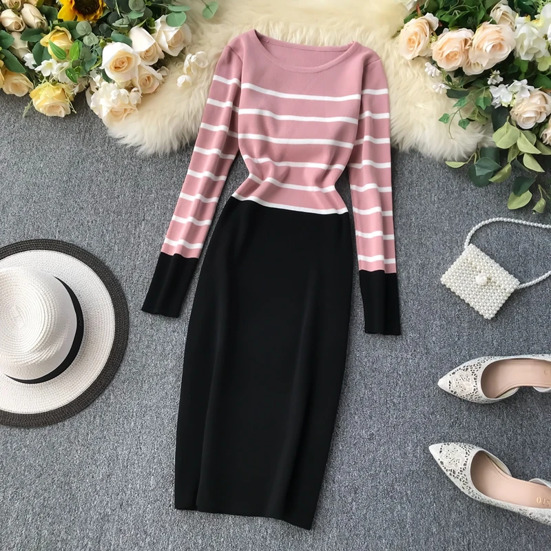 

Fashion Slim Striped Print Patchwork Autumn Winter Bodycon Knit Sweater Mini Short Dress Party Women Casual Long Sleeve Vestidos
