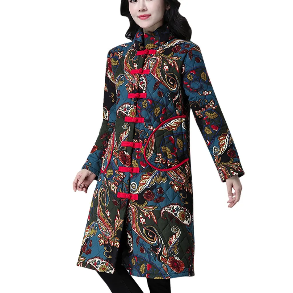 Модная зимняя Толстая хлопковая стеганая куртка Женская Ретро куртка с принтом теплая длинная куртка женский кардиган пальто#108 - Цвет: BU