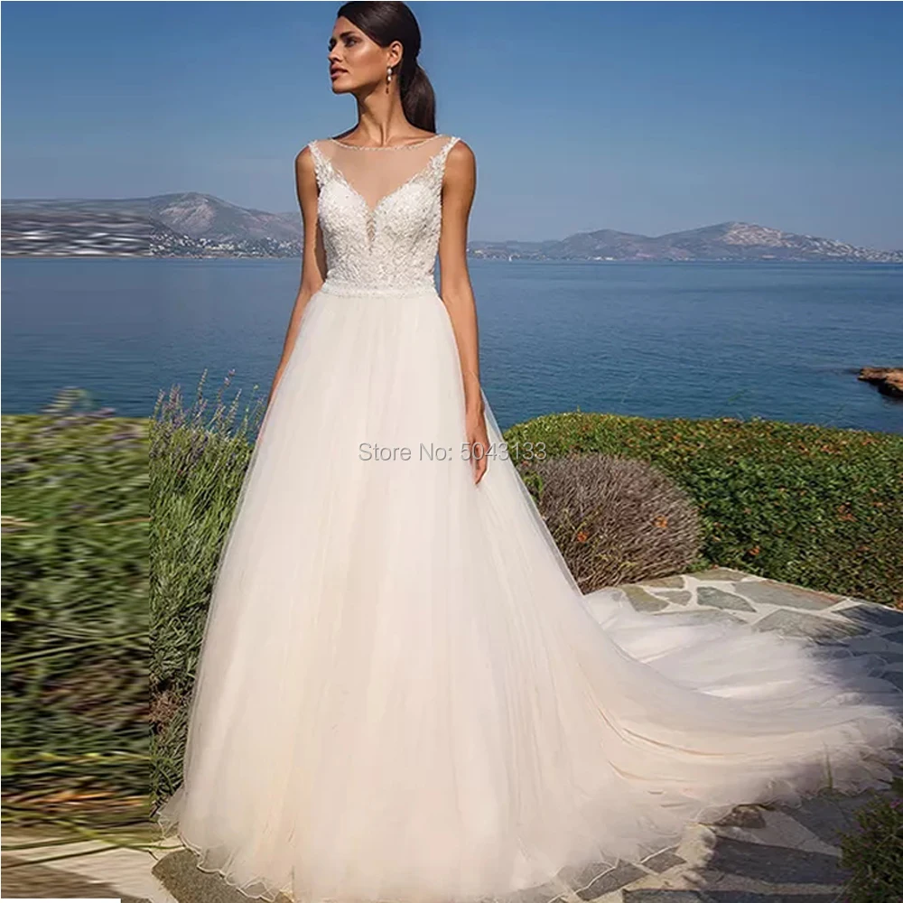 

Beading Scoop Neckline A Line Beach Wedding Dresses 2019 Sexy Illusion Back with Beaded Sash Sweep Train Wedding Gowns