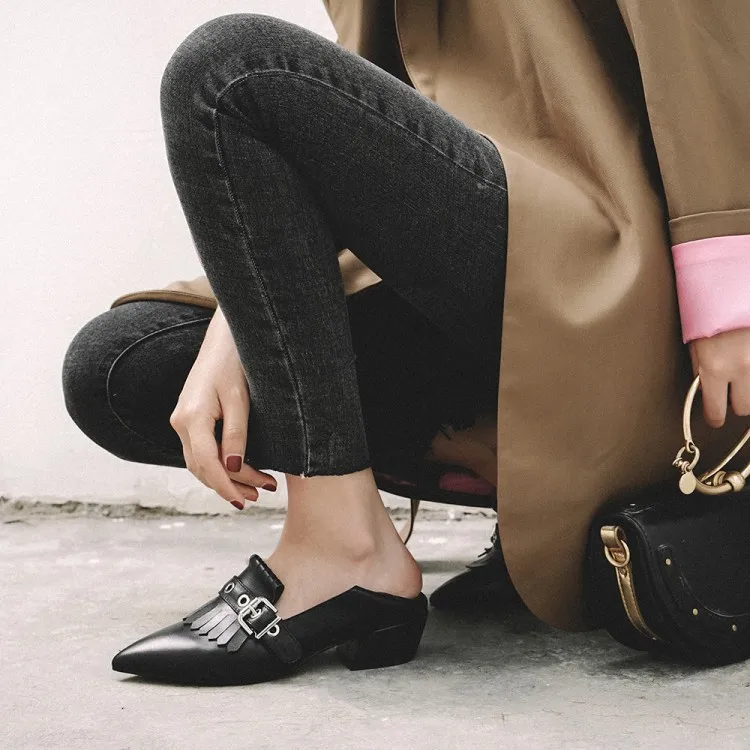 

Fashion High-End Western Style Autumn New Style Women's Tassels Metal Buckle Chunky Semi-high Heeled Shoes