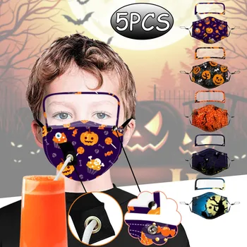 

5PC children Halloween Cartoon Printing Face Masks Detachable Eye Protection Goggles Protective Mask With Straw Hole Drink Masks