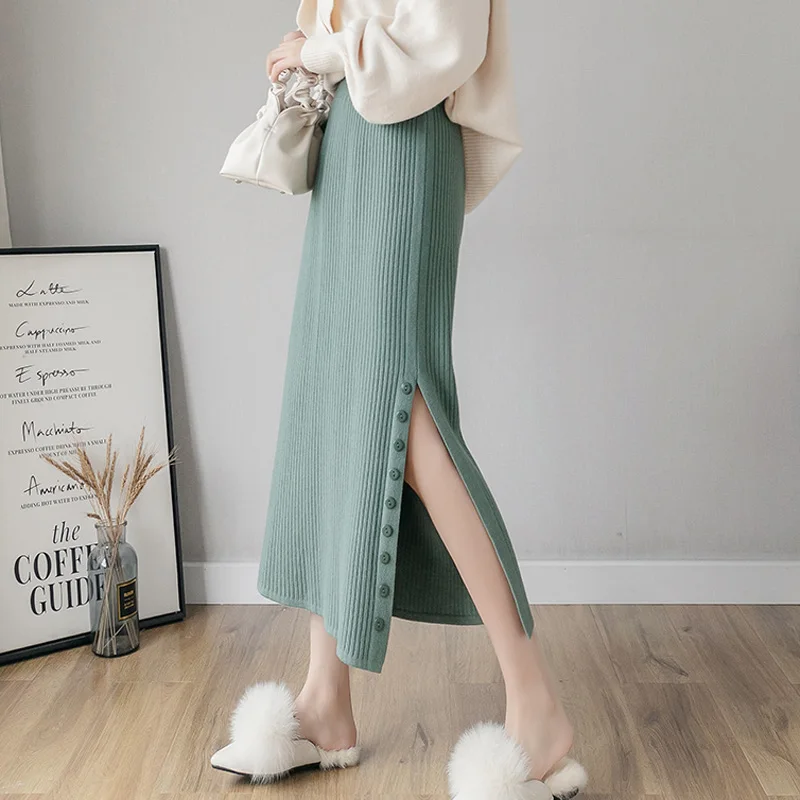 Женская Осенняя теплая трикотажная Однотонная юбка миди Эластичная Высокая талия тонкая Повседневная Офисная женская элегантная юбка с пуговицами