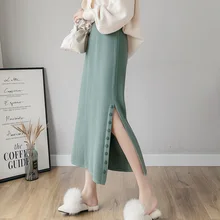 Женская Осенняя теплая трикотажная Однотонная юбка миди Эластичная Высокая талия тонкая Повседневная Офисная женская элегантная юбка с пуговицами