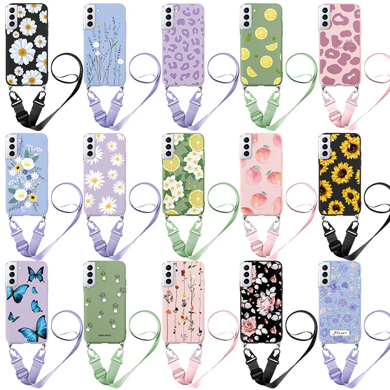 silicone case samsung For Samsung Galaxy S22 Plus Ultra 5G Flower Lanyard Necklace Chain Cord Cases For Samsung Galaxy S22 Plus Strap Rope Fundas Bags samsung cute phone cover