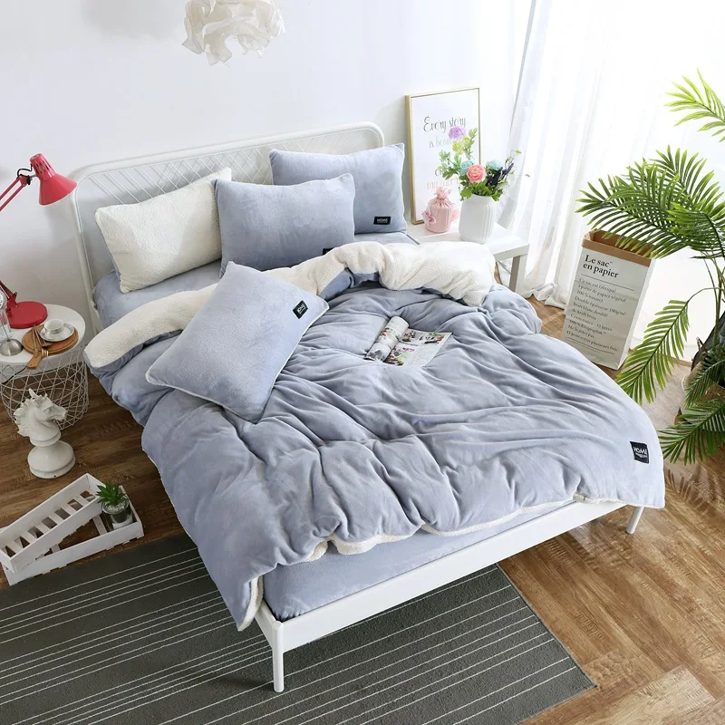 Milk Flannel Fleece bedding set baby cashmere duvet cover set flat sheet AB side bed linens bedclothes Modern style warm winter - Цвет: silver white