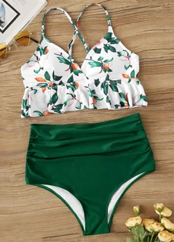 

Floral Print Bikinis Women Push Up Swimwear Ruffle Fringe High Waist Swimsuit Bikini Set Ruched Beach Wear Padded Bathing Suit