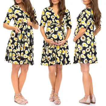 

Women's Maternity 1/2 Sleeve V-neck Sunflower Print Belt Short Dress maternity dresses for photo shoot платье для беременных