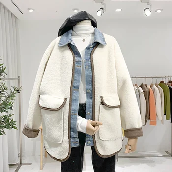 

Autumn and winter fur denim patchwork women coat loose pockets turn-down collar loose thicken warm lady elegant outwear coat top