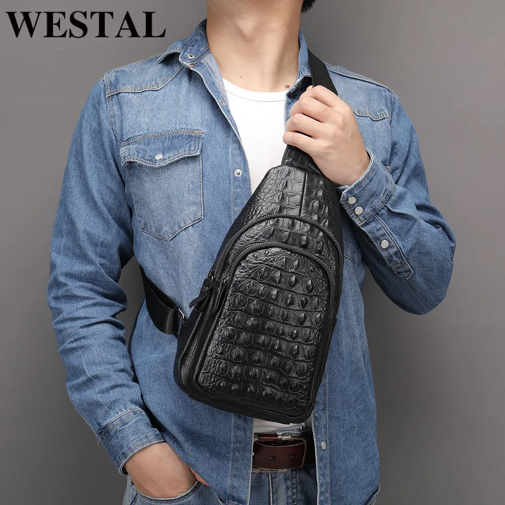 

WESTAL Male Chest Bags First Layer Cowhide Men's Shoulder Bag Husband Men's Cross Bag Genuine Leather Men Purse Fit 7.9inch Ipad