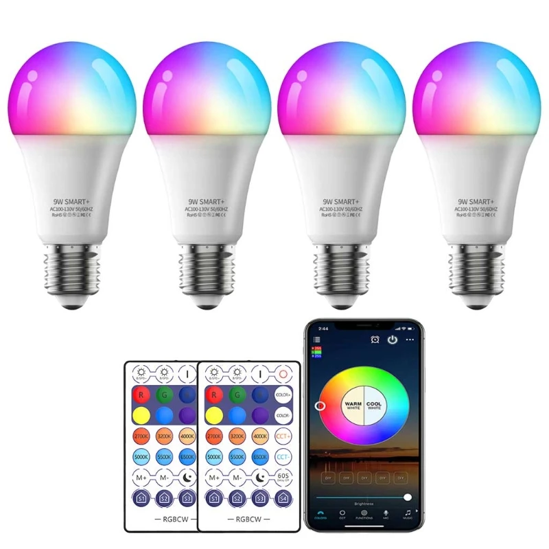 Set of 4 Color Changing LED Light Bulbs for Bedroom and Living Room Smart LED Light Bulbs WiFi 9W App Control LED Lights