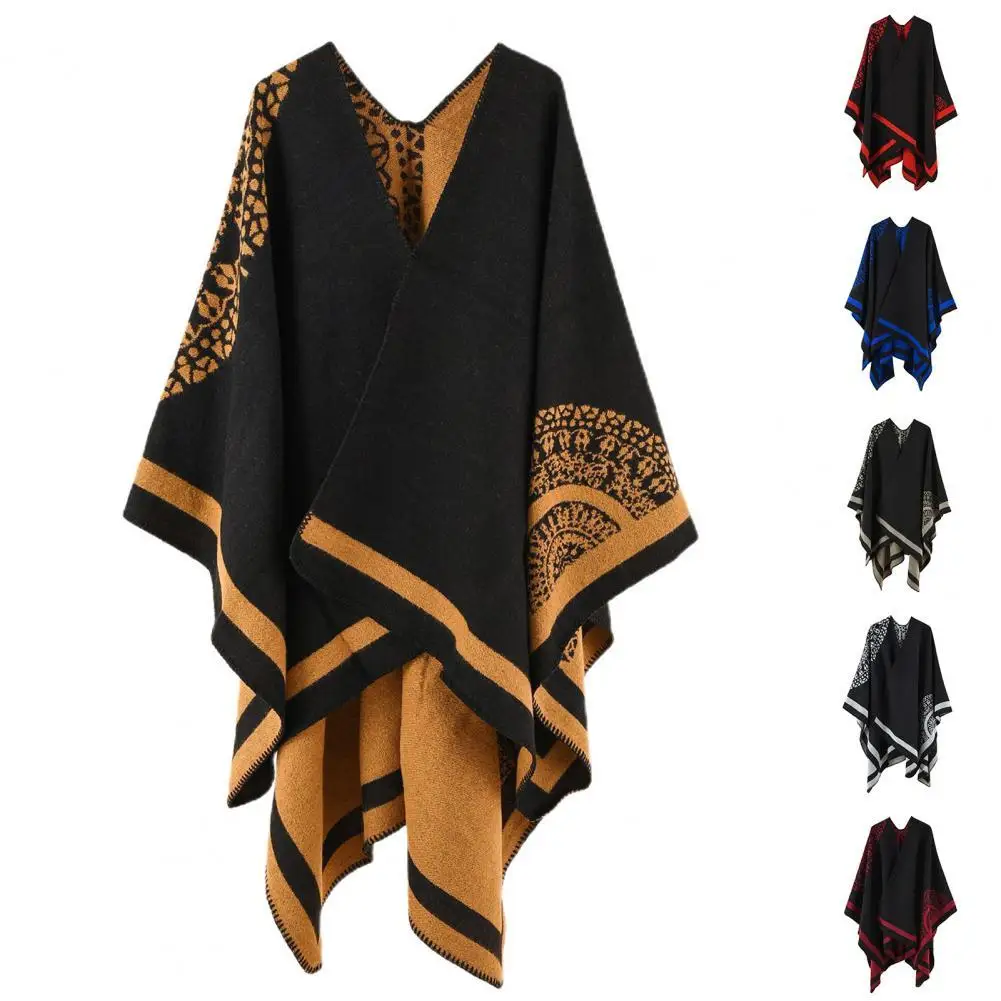 

Poncho Coat Thickening Patchwork Imitated Cashmere Soft Touching Women Cape Coat for Cold Weather