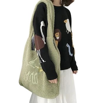 

Winter new Fashion Shoulder Bag Women canvas Cute deer Embroidery Large Capacity warm Tote Shopping Bag Handbag for girls