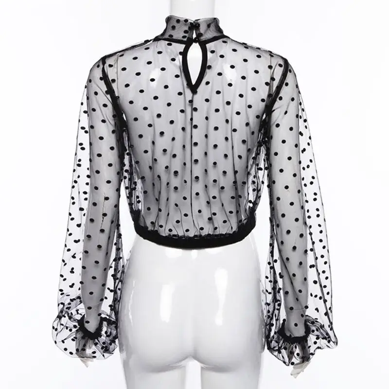 Womens Sexy Sheer Mesh Long Lantern Sleeve Vintage Polka Dot High Neck Crop Top Slim Fit Office Party Clubwear